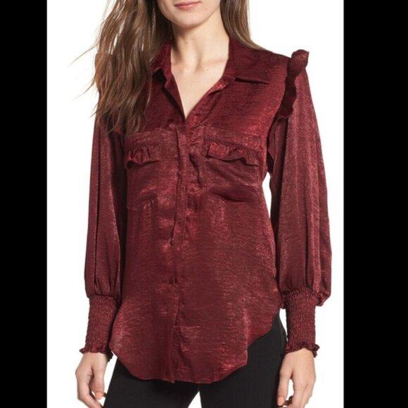 Misa LA Donata Satin Blouse Wine Smocked Cuffs Ruffle Shoulders/Pockets Tunic M - Picture 1 of 14